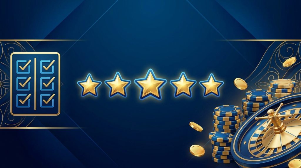 Minh họa trang đánh giá và so sánh casino trực tuyến: hàng sao đánh giá phát sáng, danh sách kiểm tra, phỉnh cược, bàn roulette và xu vàng