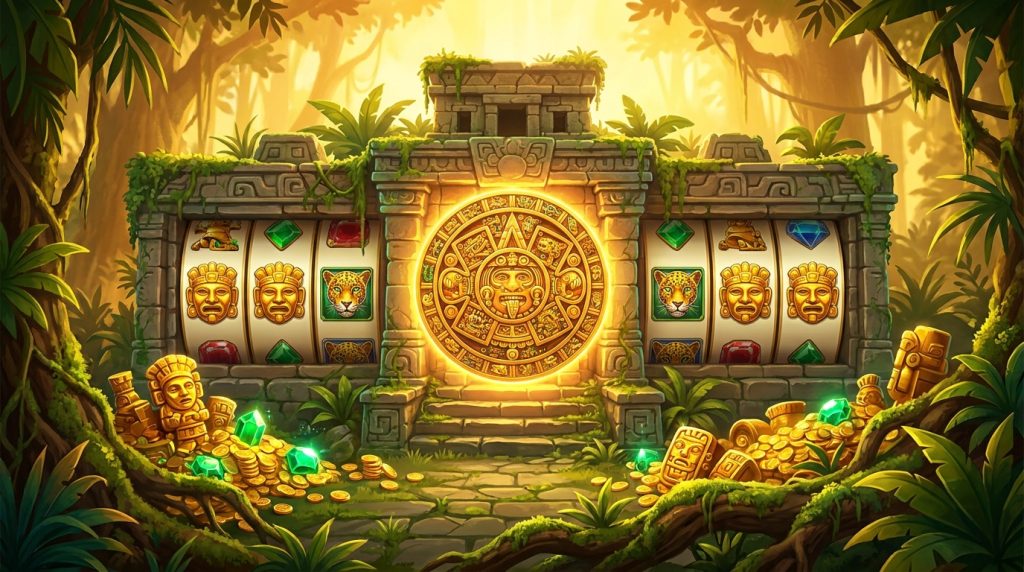Minh họa game slot Aztec Spins: đền thờ Aztec bằng đá với thần tượng vàng, ngọc lục bảo, cây rừng và cuộn slot phát sáng