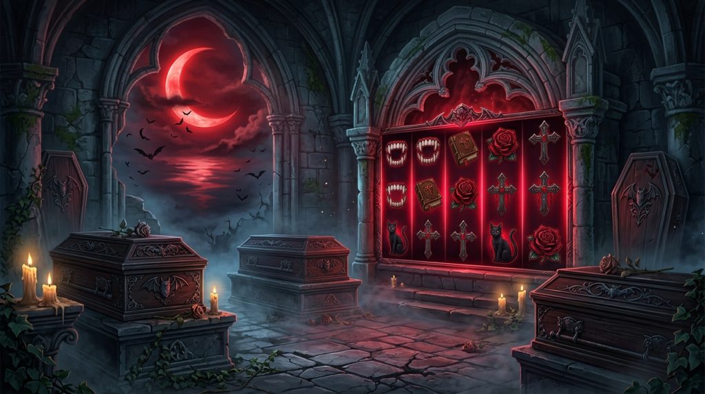 Minh họa game slot Blood Suckers chủ đề ma cà rồng: hầm mộ dưới ánh trăng đỏ với dơi, quan tài và cuộn slot, tông đỏ thẫm và đen