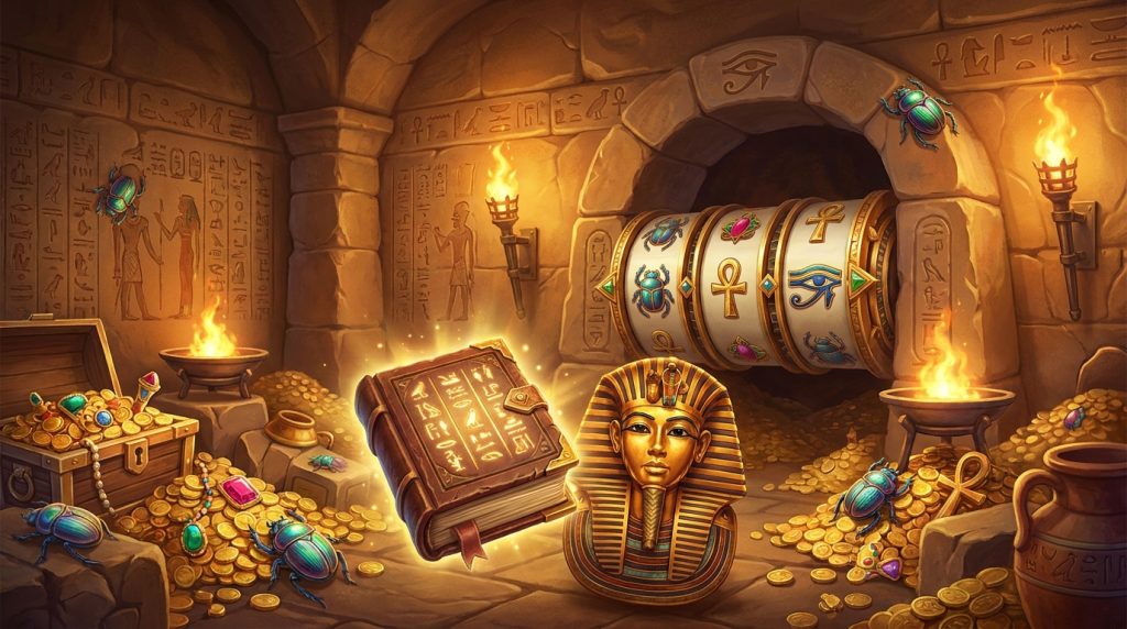 Minh họa game slot Book of Ra chủ đề Ai Cập cổ đại: cuốn sách phát sáng, mặt nạ pharaoh vàng, bọ hung, tường chữ tượng hình và kho báu