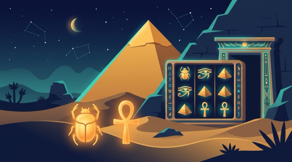 Minh họa game slot Book of Dead chủ đề Ai Cập cổ đại: kim tự tháp, bọ hung vàng và cuộn quay