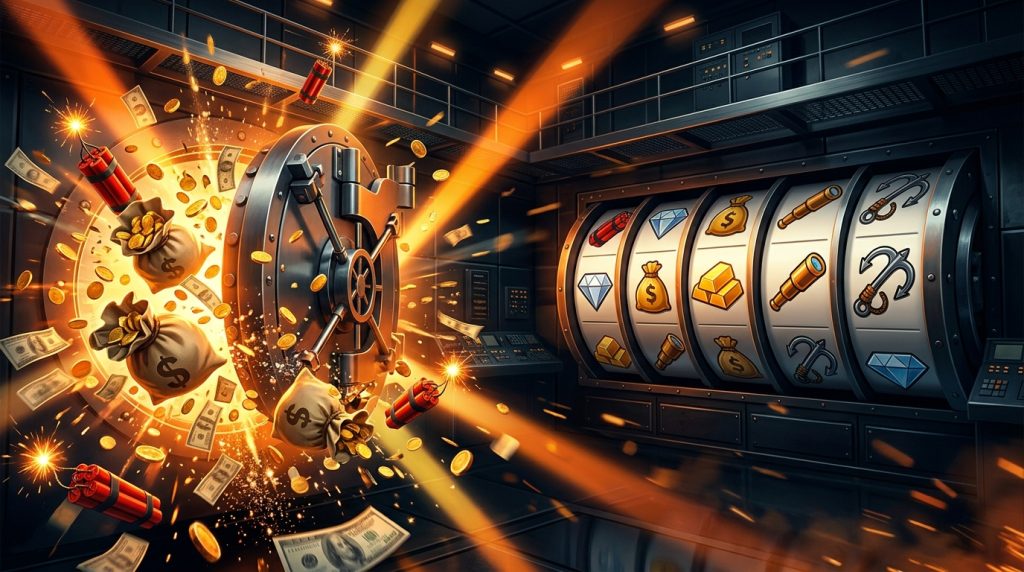 Minh họa game slot Bounty Raid chủ đề hành động: túi tiền và xu vàng bung ra, thuốc nổ, cửa két sắt và cuộn slot, tông cam năng động