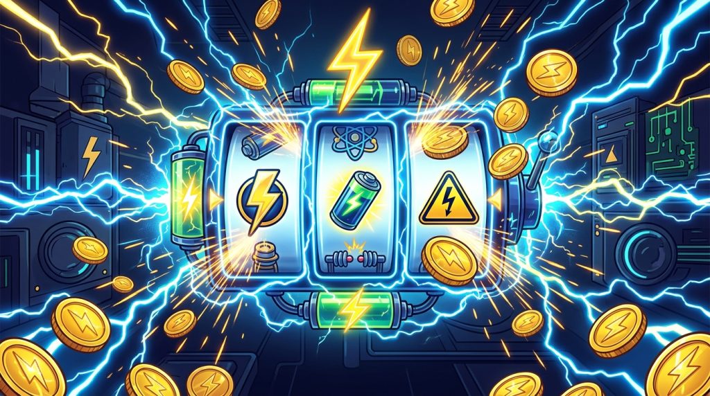 Minh họa game slot Cash Volt chủ đề điện cao thế: tia sét neon, pin phát sáng, tia lửa và xu vàng quanh cuộn slot, tông xanh vàng