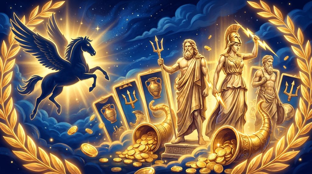 Minh họa game slot Divine Fortune chủ đề thần thoại Hy Lạp: tượng cẩm thạch vàng, ngựa có cánh, vòng nguyệt quế, xu vàng và cuộn slot