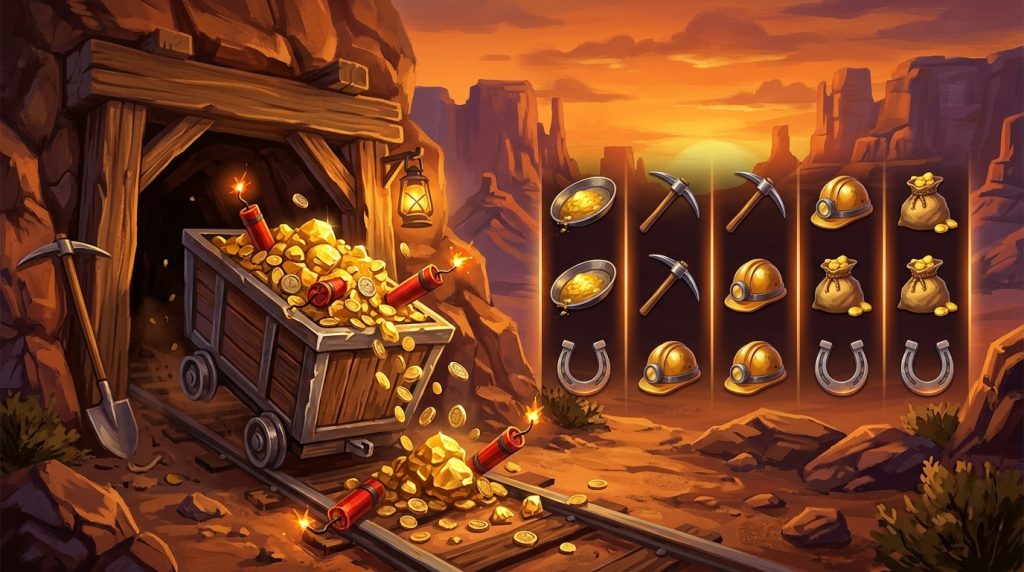 Minh họa game slot Dynamite Riches chủ đề khai mỏ miền Tây: thuốc nổ, cục vàng và xu tràn ra từ xe goòng, khung gỗ mỏ và cuộn slot