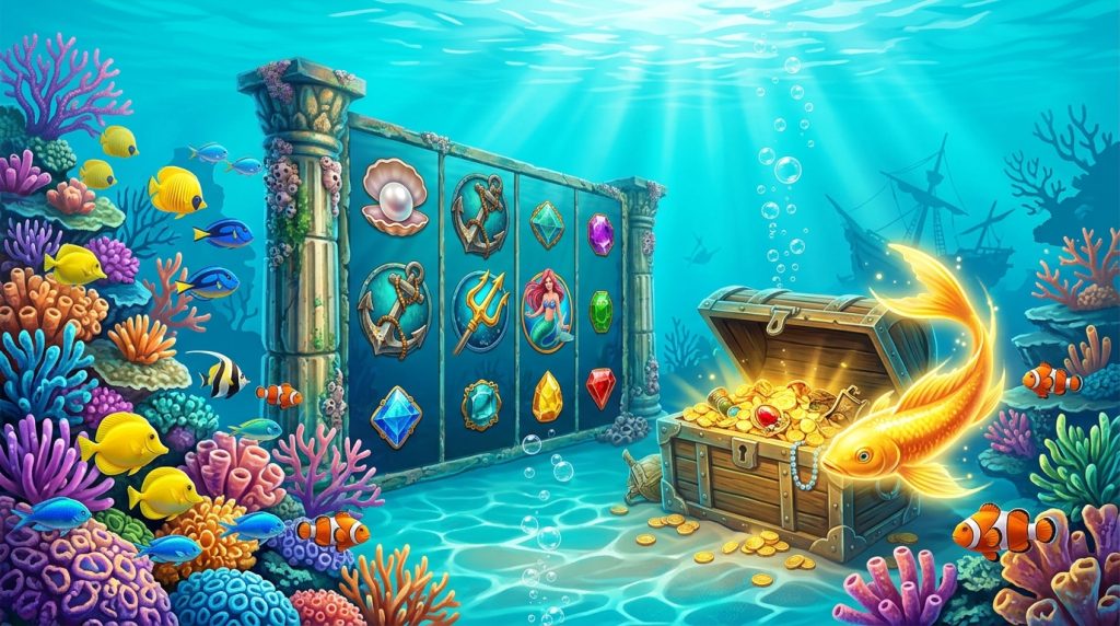 Minh họa game slot Golden Fish Tank chủ đề dưới nước: rạn san hô rực rỡ với cá nhiệt đới, cá vàng phát sáng, rương kho báu và cuộn slot