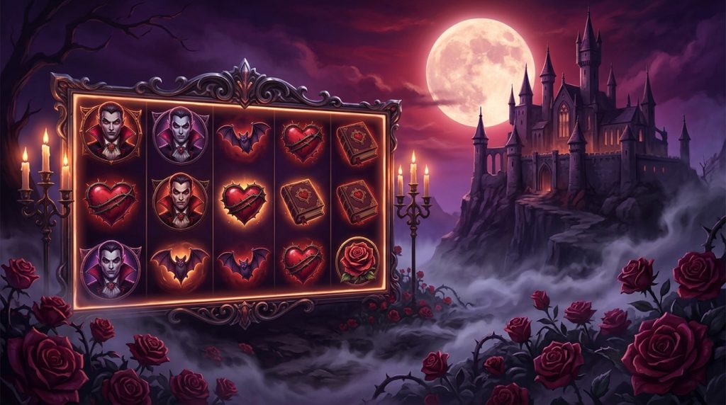 Minh họa game slot Immortal Romance chủ đề tình lãng mạn gothic: lâu đài dưới ánh trăng, hoa hồng đỏ, sương mù và cuộn slot, tông tím đỏ