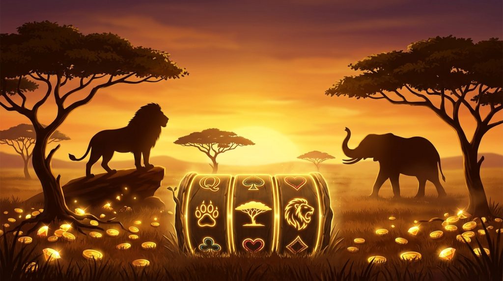 Minh họa game slot Mega Moolah chủ đề thảo nguyên châu Phi: bóng sư tử và voi lúc hoàng hôn, cây keo, xu vàng và cuộn slot