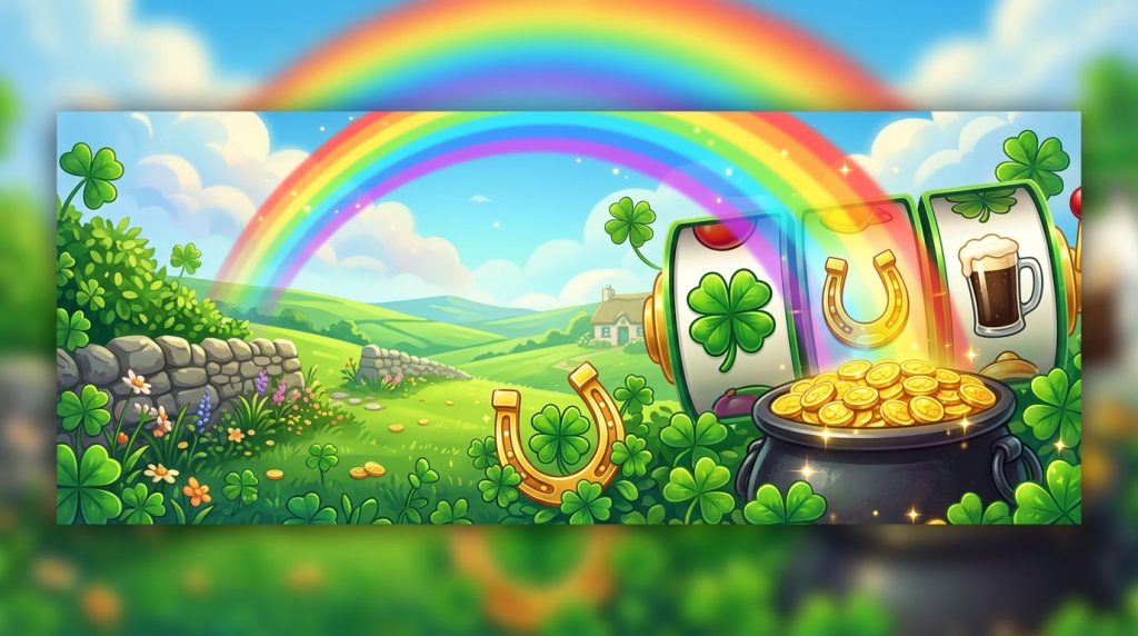 Minh họa game slot Rainbow Jackpots chủ đề may mắn Ireland: cầu vồng đổ vào hũ vàng, cỏ bốn lá, móng ngựa và cuộn slot, tông xanh vàng