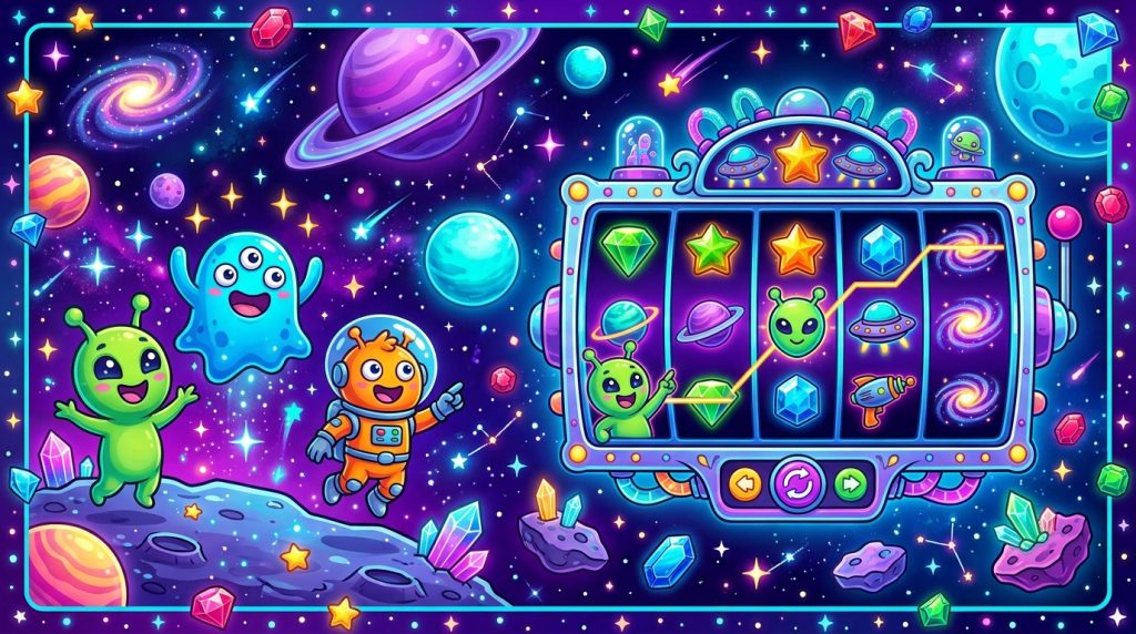 Minh họa game slot Reactoonz chủ đề ngoài không gian vui nhộn: sinh vật ngoài hành tinh dễ thương nhiều màu, đá quý, hành tinh và cuộn slot