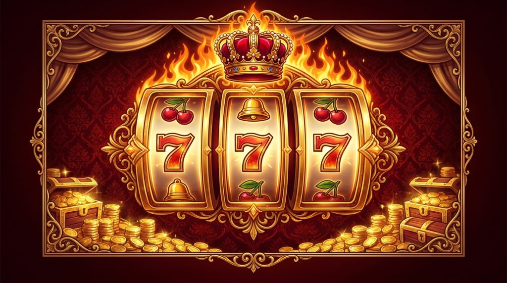 Minh họa game slot Reel King Mega chủ đề máy trái cây cổ điển: cuộn slot với anh đào, chuông và số 7 may mắn, vương miện vàng và lửa