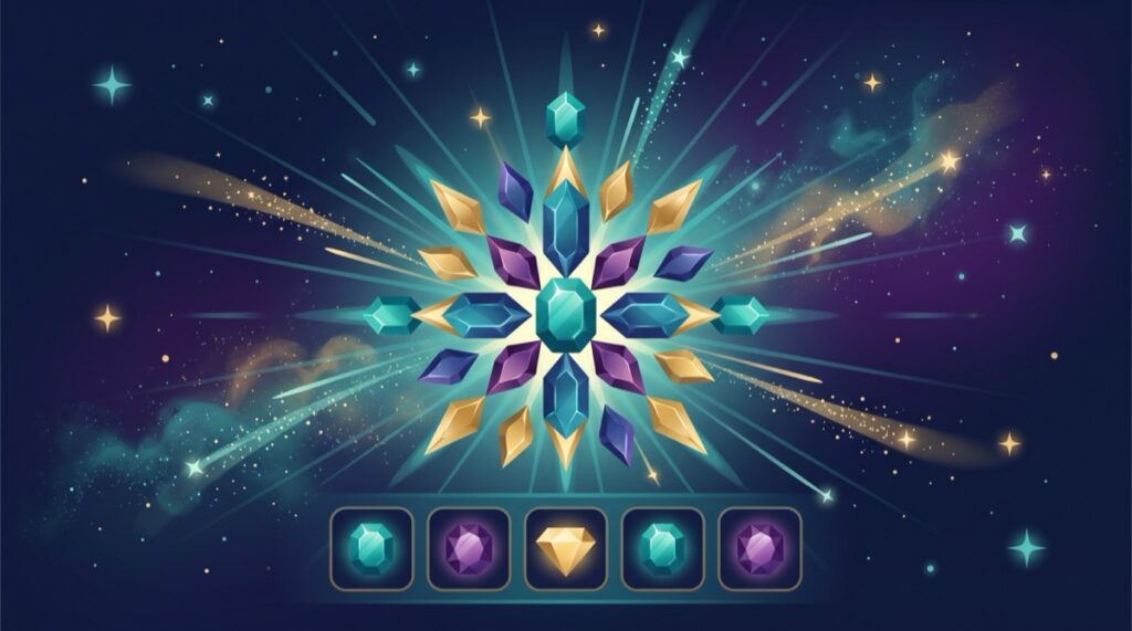 Minh họa game slot Starburst chủ đề vũ trụ: chùm đá quý phát sáng rực rỡ