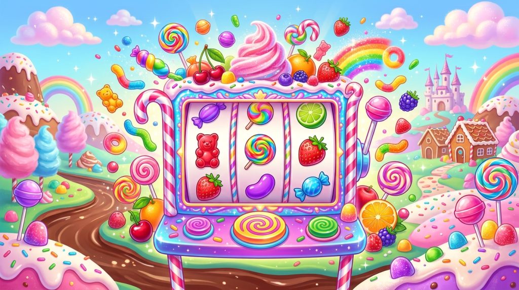 Minh họa game slot Sweet Bonanza chủ đề xứ sở kẹo: kẹo mút, kẹo dẻo, trái cây và kẹo cầu vồng bung quanh cuộn slot, tông pastel rực rỡ