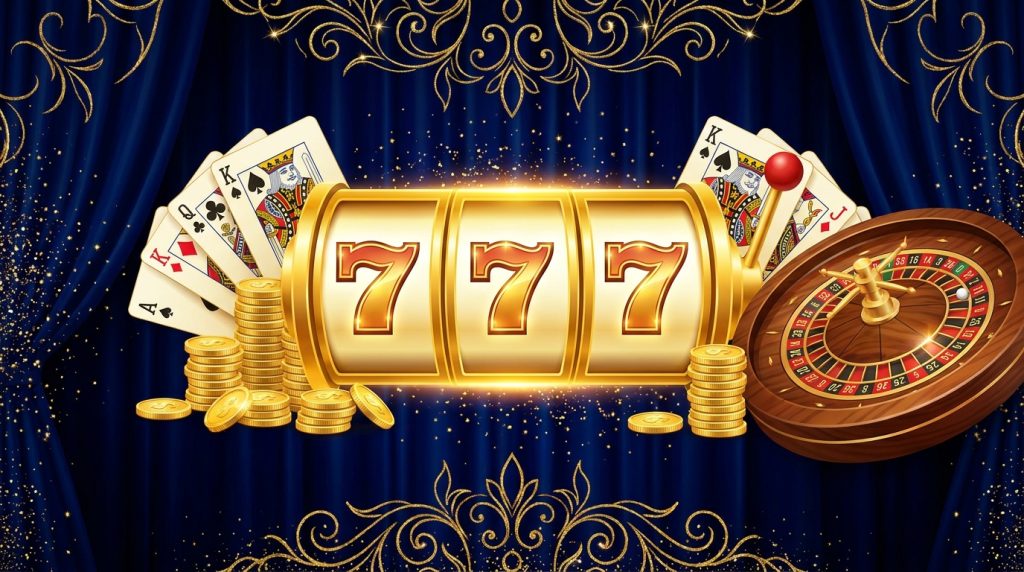 Minh họa đánh giá casino trực tuyến 888: cuộn slot vàng với ba số 7 may mắn, chồng xu vàng, lá bài và bàn roulette trên nền xanh sang trọng
