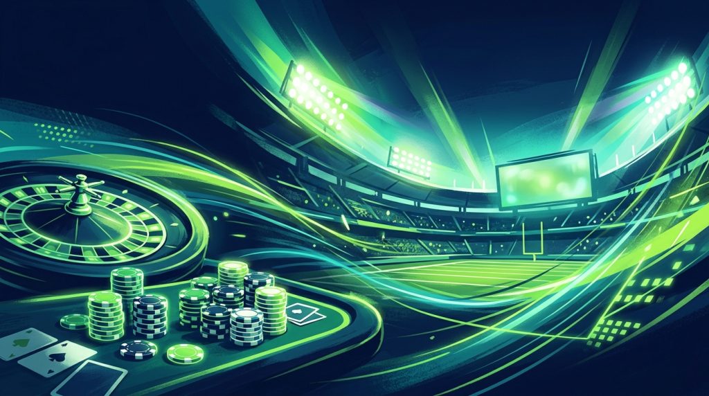 Minh họa đánh giá nhà cái thể thao và casino Betstar: sân vận động bóng đá về đêm với đèn pha, bàn roulette và phỉnh cược ở tiền cảnh