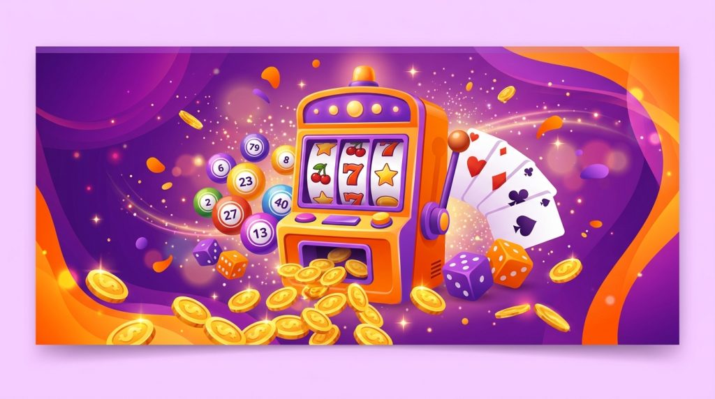 Minh họa đánh giá casino trực tuyến bgo: máy slot vui nhộn tuôn xu vàng cùng bóng bingo, xúc xắc và lá bài trên nền cam tím