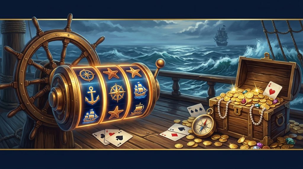 Minh họa đánh giá casino trực tuyến Captain Spins: chủ đề thuyền trưởng và kho báu với bánh lái tàu, cuộn slot phát sáng, rương vàng và lá bài
