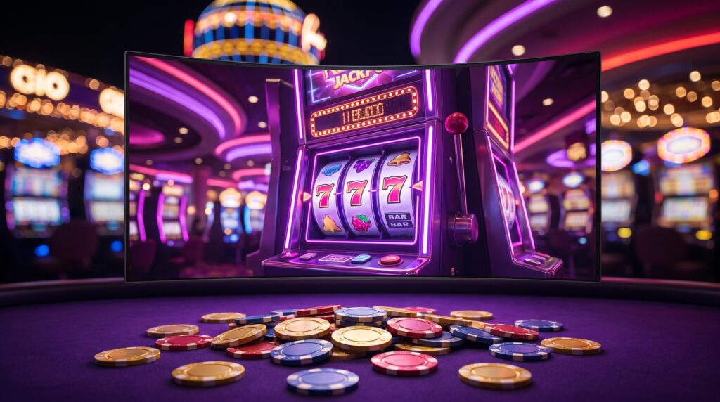 Minh họa casino trực tuyến phong cách Las Vegas với dàn máy quay hũ rực rỡ và chip cược