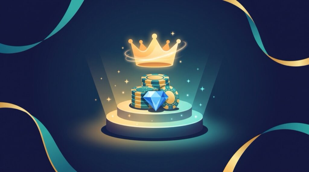 Minh họa chương trình VIP casino: vương miện vàng phía trên chồng chip cược và viên kim cương trên bục phát thưởng