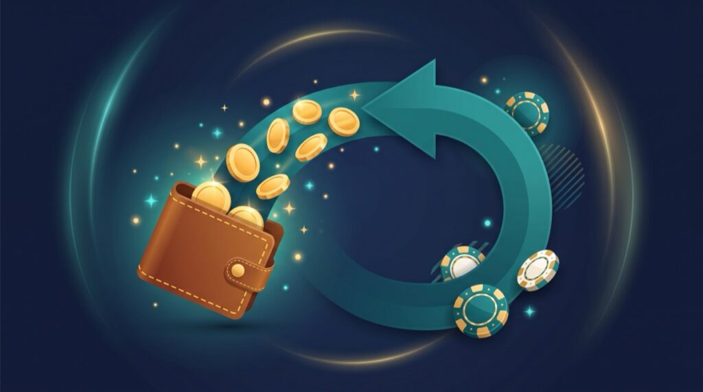 Minh họa tiền thưởng hoàn lại (cashback): đồng xu vàng quay trở lại chiếc ví qua mũi tên hoàn tiền