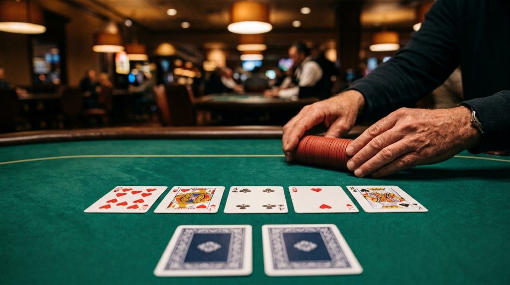 Bàn poker với năm lá chung 10 cơ, J cơ, 4 chuồn, 2 cơ, K bích — ba lá cơ trên bàn, kiểu board mà một cược lớn ở river đại diện cho thùng