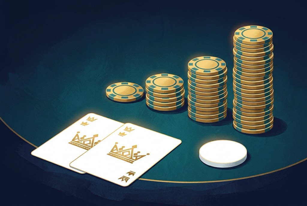 Minh họa kỹ thuật chơi poker: bài tẩy và các chồng chip thể hiện cách đặt cược