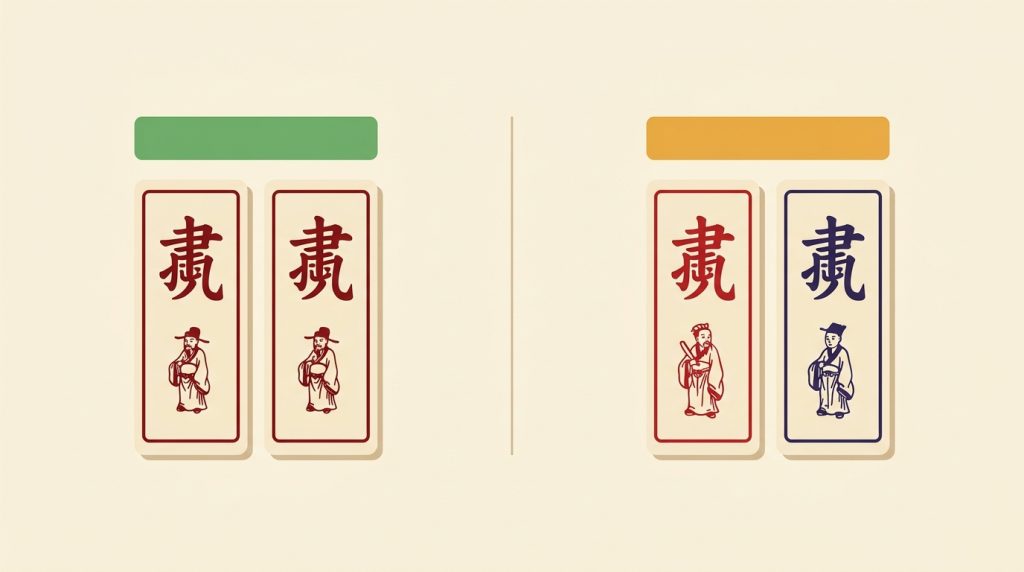 So sánh chắn và cạ: bên trái hai quân bài giống hệt nhau (chắn), bên phải hai quân cùng hàng nhưng khác chất (cạ)