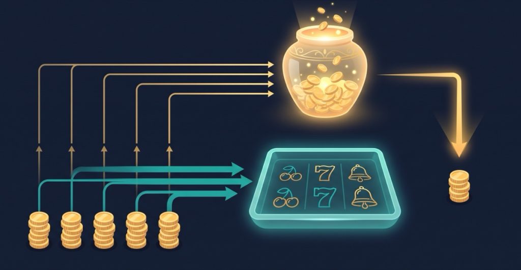 Sơ đồ dòng tiền của game nổ hũ: mỗi vòng cược trích một phần nhỏ vào hũ lũy tiến, phần còn lại hoàn trả qua bảng thưởng thông thường