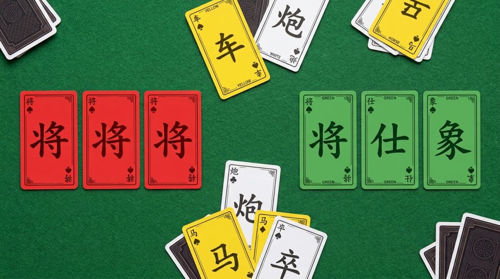 Minh họa bộ chẵn (ba lá cùng quân cùng màu đỏ) và bộ lẻ (ba quân Tướng-Sĩ-Tượng cùng màu xanh) trong bài Tứ Sắc