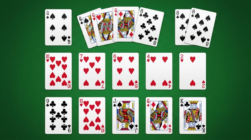 Ví dụ các bộ bài trong Xì Tố: cù lũ, thùng và sảnh được xếp riêng trên bàn nỉ xanh
