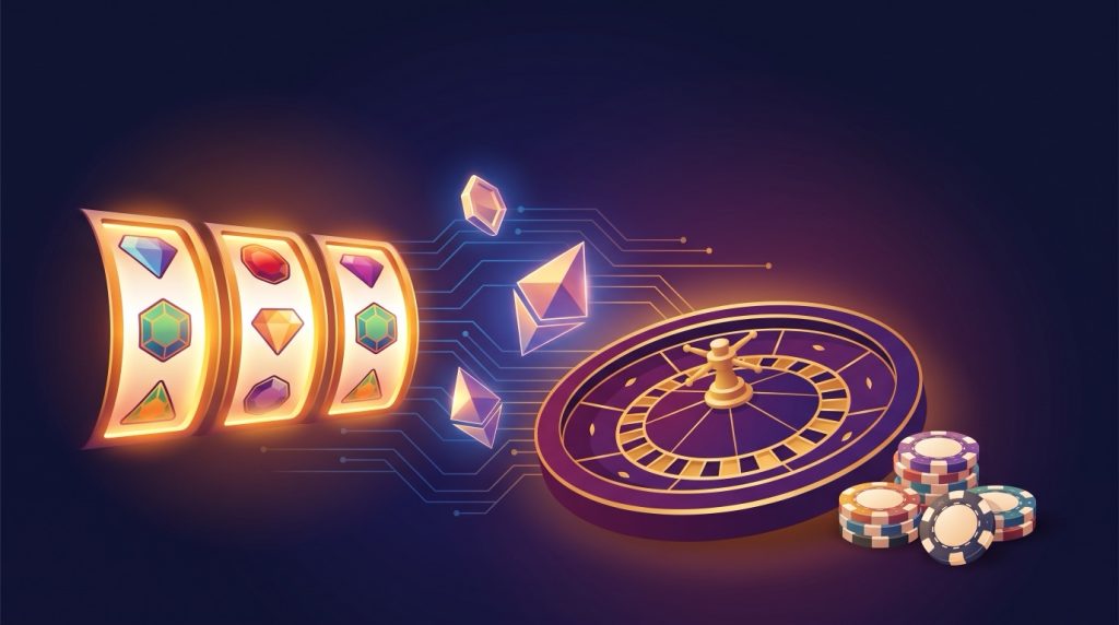 Minh họa đánh giá BC.GAME: cuộn slot phát sáng, bánh xe roulette, chip và các đồng tiền mã hóa cách điệu