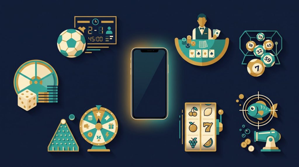 Các nhóm sản phẩm của nhà cái 911Win xếp quanh một chiếc điện thoại: thể thao, casino trực tiếp, xổ số, bắn cá, nổ hũ và các game mini