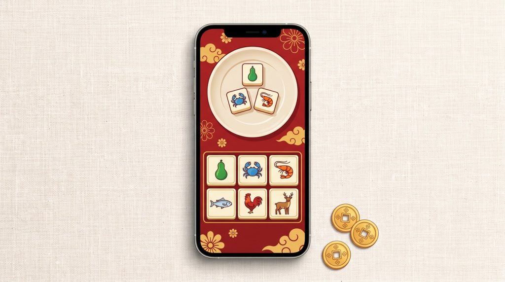 Màn hình điện thoại hiển thị game bầu cua tôm cá: đĩa với ba viên xúc xắc in hình linh vật và bàn cược sáu ô bên dưới