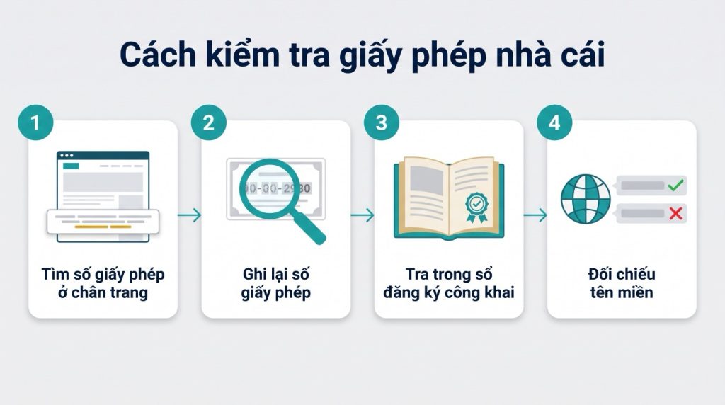Bốn bước kiểm tra giấy phép của một nhà cái: tìm số giấy phép ở chân trang, ghi lại số, tra trong sổ đăng ký công khai, rồi đối chiếu tên miền
