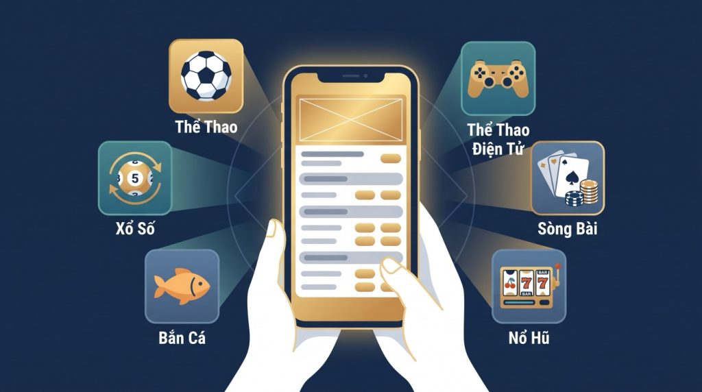 Các nhóm sản phẩm của nhà cái BK8 hiển thị quanh một điện thoại: thể thao, thể thao điện tử, sòng bài, nổ hũ, bắn cá và xổ số
