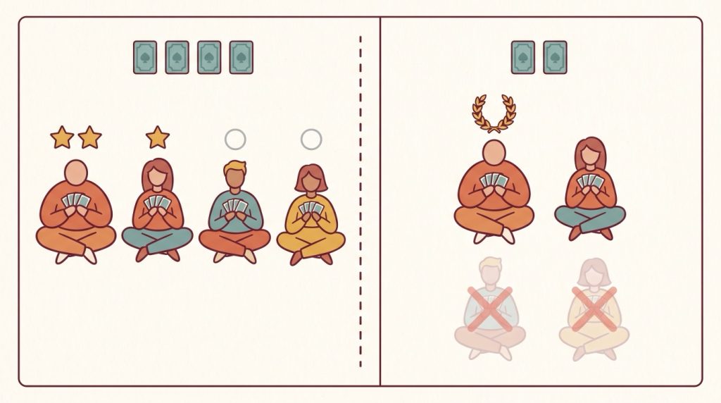 Luật loại sau vòng 4 trong cát tê: bên trái bốn người chơi sau bốn vòng đầu, hai người có sao vàng vì đã thắng vòng và hai người không có sao; bên phải chỉ hai người có sao được chơi tiếp vòng 5 và vòng 6, hai người còn lại bị loại