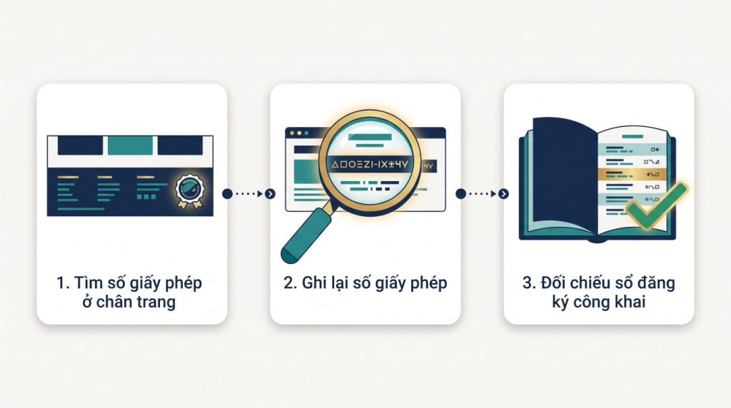 Ba bước kiểm tra giấy phép của một nhà cái trực tuyến: tìm số giấy phép ở chân trang, ghi lại số, rồi đối chiếu với sổ đăng ký công khai