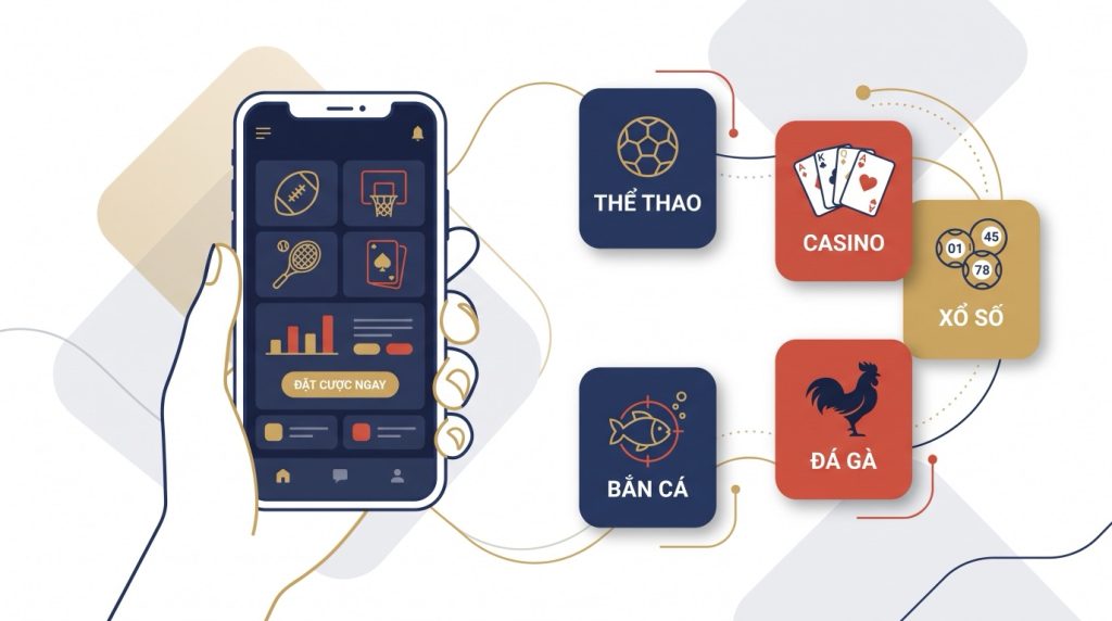 Các nhóm sản phẩm của nhà cái Jun88 hiển thị quanh một điện thoại: thể thao, casino, xổ số, bắn cá và đá gà
