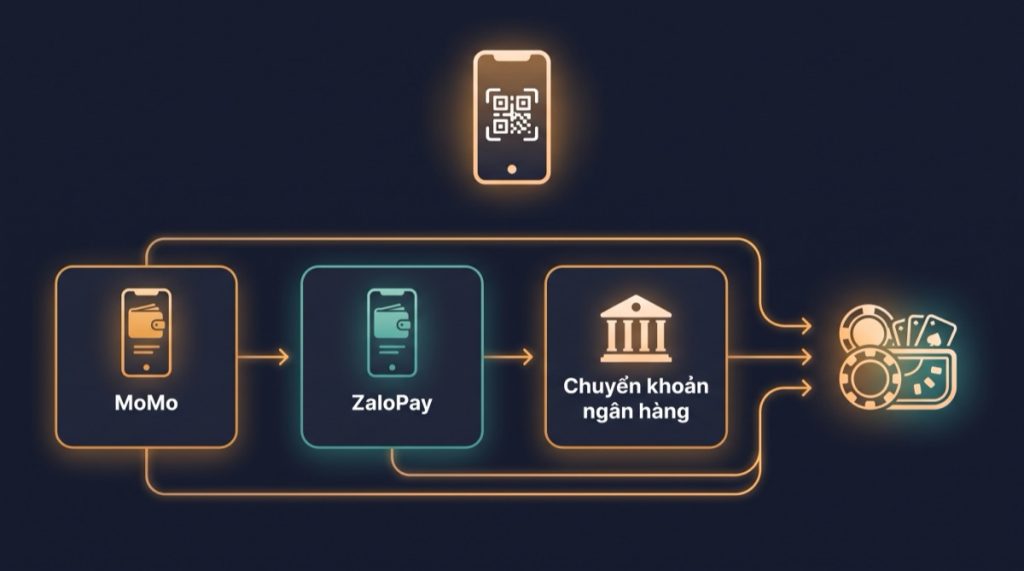 Sơ đồ các phương thức nạp rút tại casino trực tuyến: ví MoMo, ví ZaloPay và chuyển khoản ngân hàng, kèm mã QR