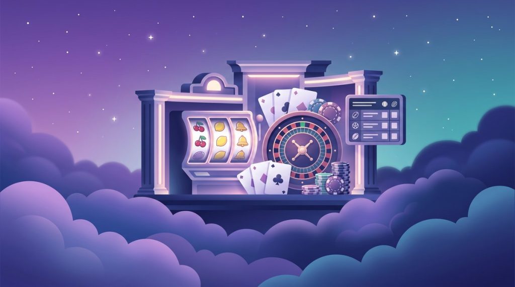 Minh hoạ sảnh casino trực tuyến trên nền mây tím: máy quay slot, bàn roulette, quân bài và phỉnh cược
