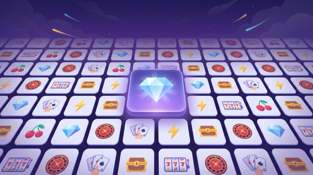 Lưới ô game trải rộng với biểu tượng slot, roulette, bài và kim cương; ô Diamond Club phát sáng ở giữa