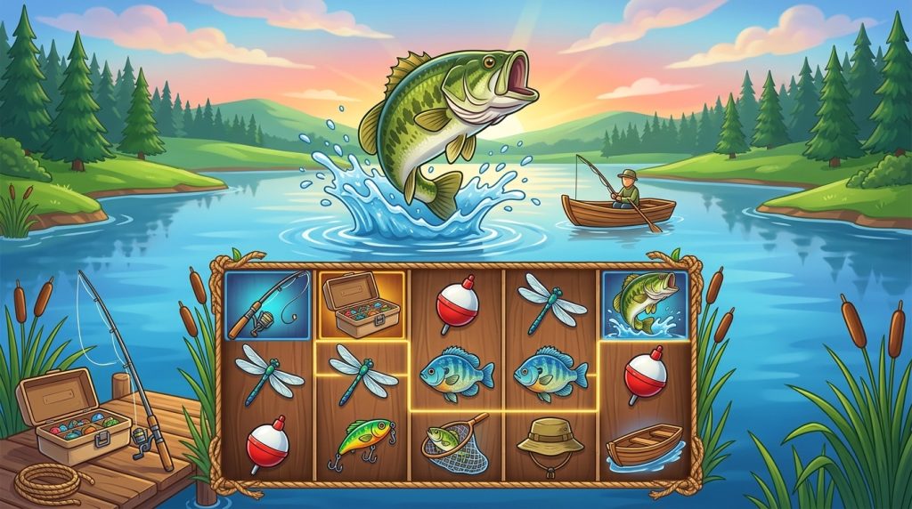 Minh họa slot Big Bass Bonanza: thuyền câu trên hồ, cá vược nhảy khỏi mặt nước và lưới 5x3 biểu tượng câu cá