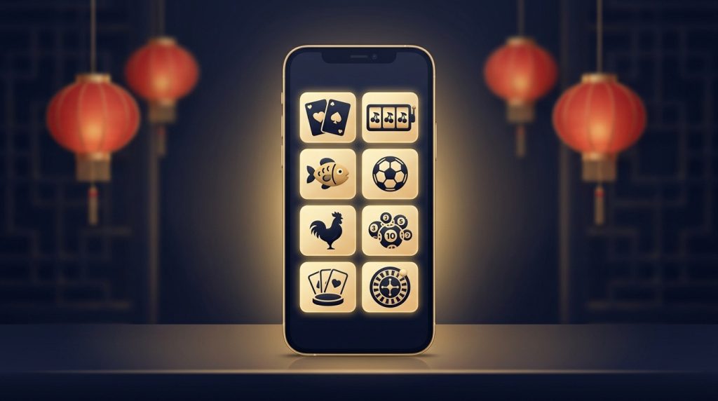 Điện thoại hiển thị bảy sảnh sản phẩm của nhà cái Hi88: casino, nổ hũ, bắn cá, thể thao, game bài, đá gà và xổ số