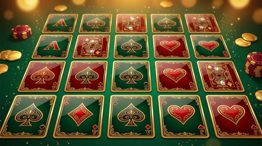 Minh họa slot Super Ace: lưới 5 cuộn quân bài tây viền vàng trên bàn nỉ xanh