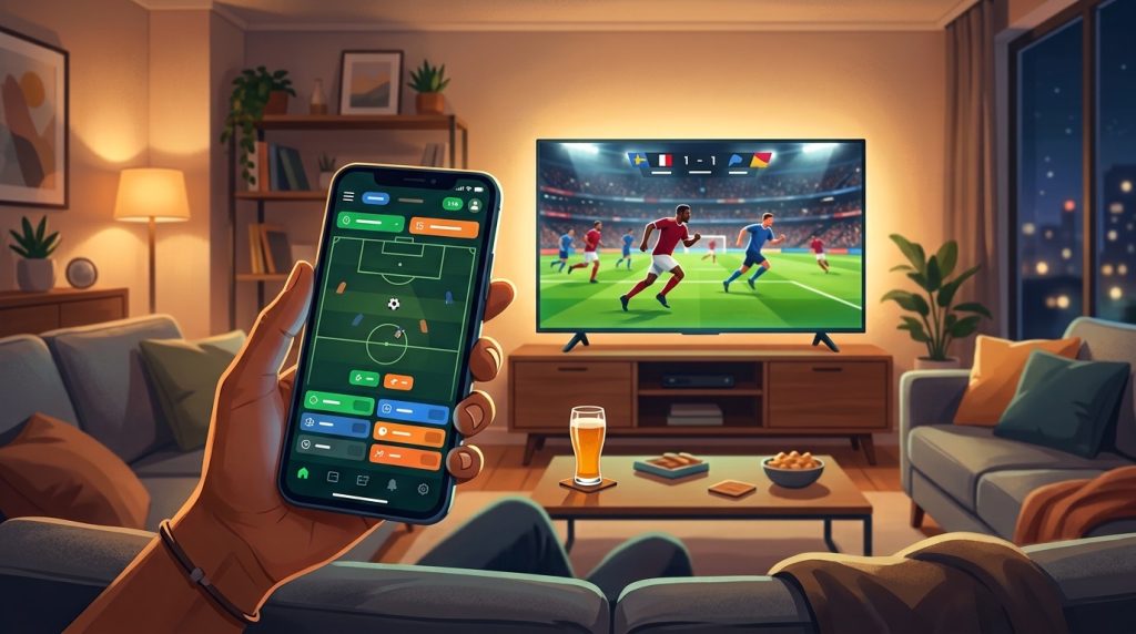 Người xem trận bóng trên TV và theo dõi kèo trong trận trên điện thoại